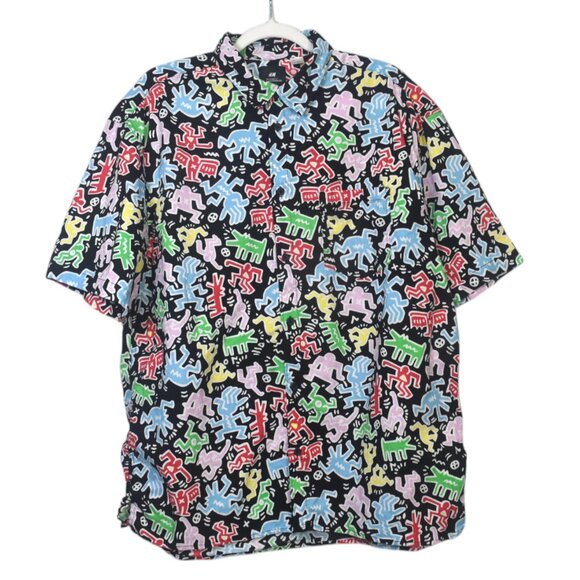 H&M Keith Haring Art Print Colorful Men's Cotton Short Sleeve Button Shirt L - Picture 2 of 8